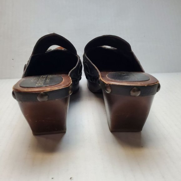 Bridget Shuster Women's Brown Suede Leather Bronze Studded Chunky Wooden Clog - Picture 14 of 16